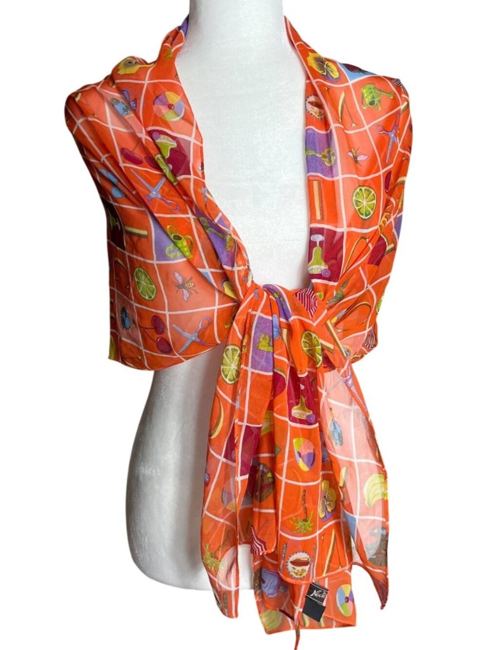 Nick & Nora Silk Novelty Scarf Retro Vacation Motifs Sheer Chiffon Large Orange